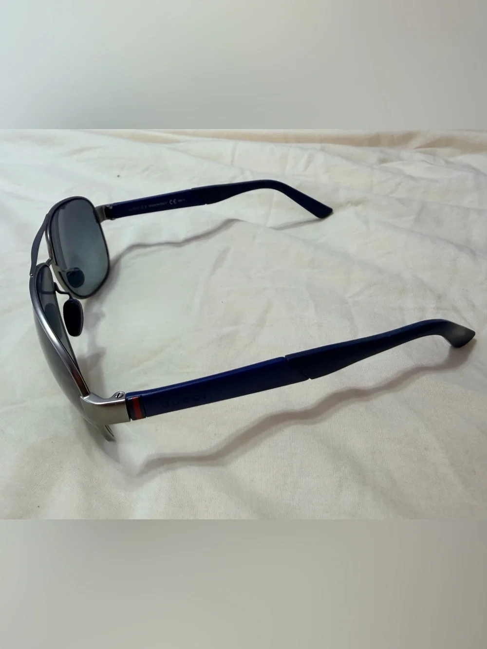Gucci Men’s Silver Aviator Sunglasses with Blue Temples GG 2229/F/S 8EQHD